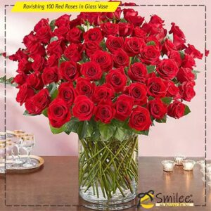 ravishing 100 red roses in glass vase